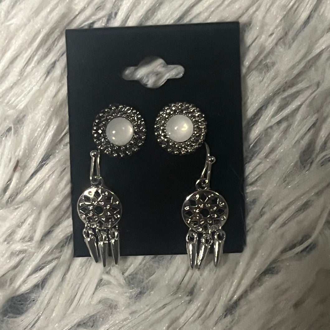 stud earrings, pearl look surrounded with silver, plus dreamcatcher dangles