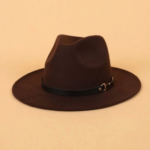 Dark brown fedora hat with a brown band and gold buckle